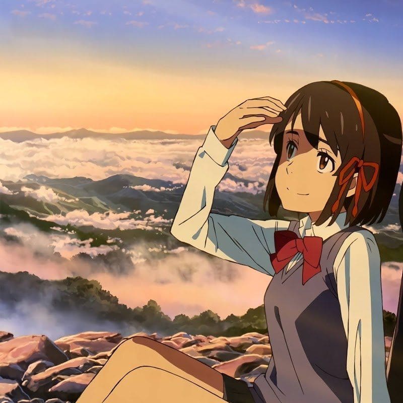Thiếu nữ anime ngắm bình minh trên núi, bầu trời rực rỡ, độ phân giải 1080x1920, hình ảnh HD nền tảng.