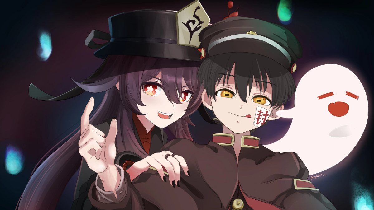 Anime phong cách ma quái với hai nhân vật, nền tối ấn tượng, chất lượng HD, độ phân giải 675x1200.