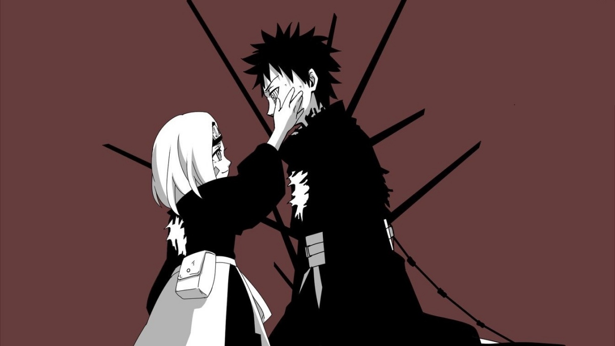 Hình nền anime đen trắng, hai nhân vật đối mặt nhau, độ phân giải 1080x1920, chất lượng HD, phong cách tối giản.