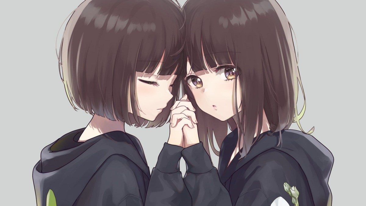 Hình nền anime đôi bạn gái nắm tay, độ phân giải 1080x1920, chất lượng HD, phong cách dễ thương và tinh tế.