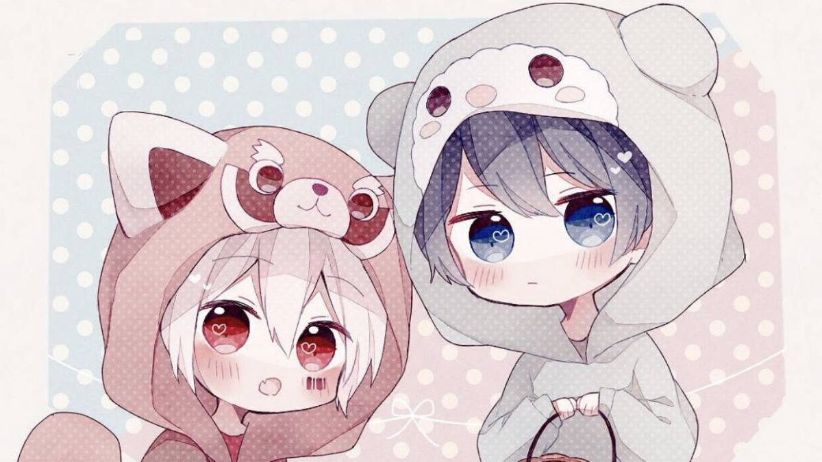 Hình nền anime dễ thương, hai nhân vật mặc trang phục thú, độ phân giải 1080x1920, chất lượng HD, phong cách chibi.