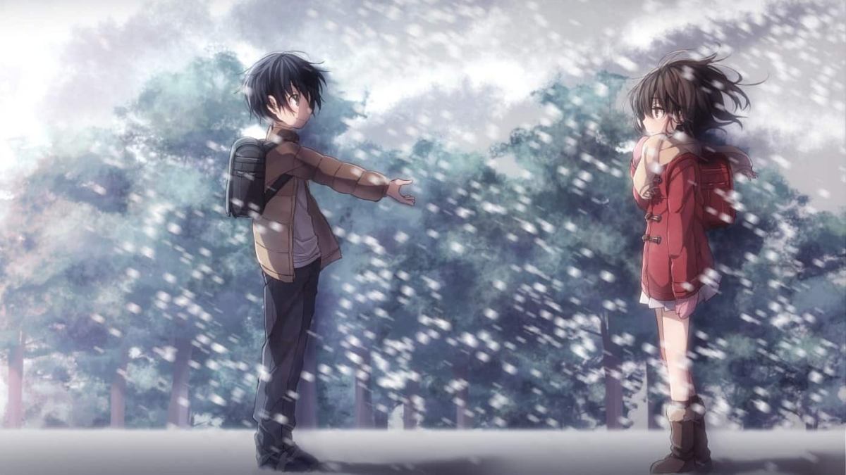Anime đôi bạn trẻ giữa trời tuyết, cảnh sắc mùa đông, ảnh nền HD 675x1200, tình cảm và lãng mạn.