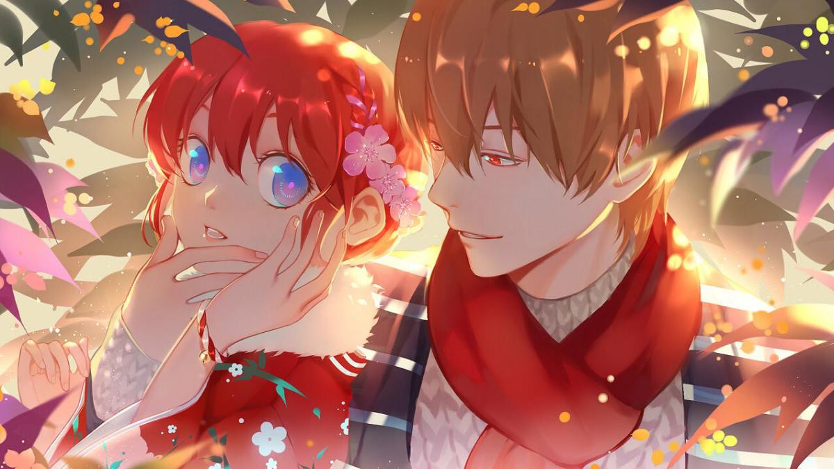 Cặp đôi anime lãng mạn trong vườn hoa rực rỡ, hình nền HD 1080x1920, tạo cảm giác nhẹ nhàng và ấm áp.