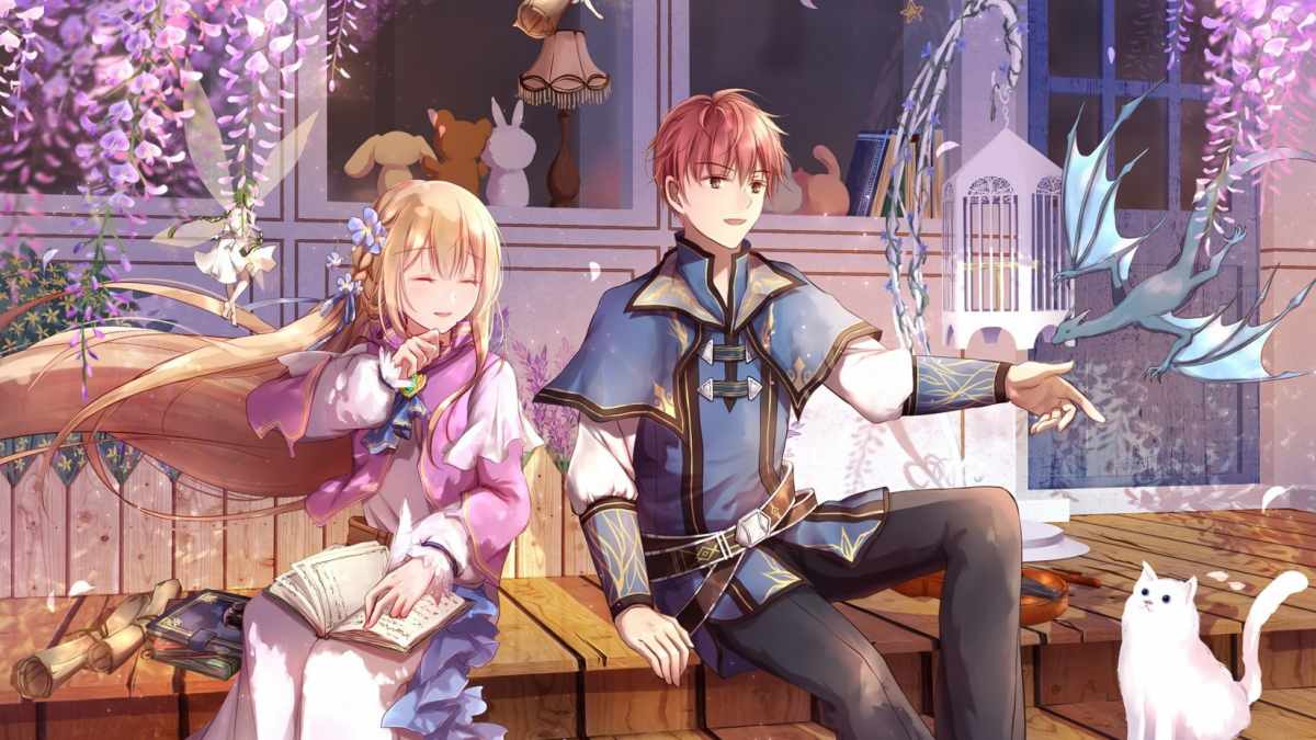 Anime fantasy đôi bạn trẻ với rồng nhỏ và mèo trong phòng hoa tử đằng, chất lượng HD, 1080x1920.