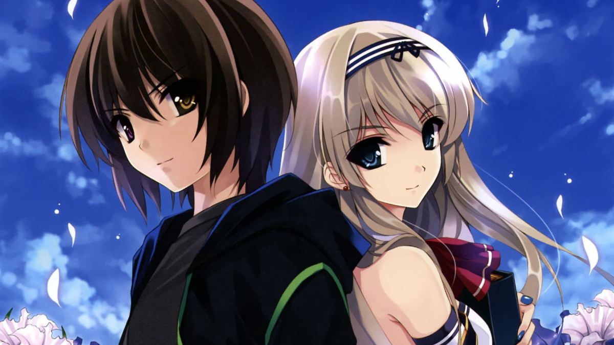 Hình nền anime đôi bạn trẻ đầy cảm xúc, trời xanh, hoa rơi, HD, 675x1200, phong cách lãng mạn, sống động.