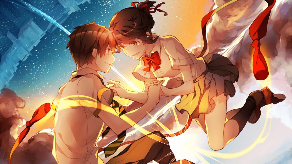 Anime đôi bạn trẻ nắm tay nhau giữa bầu trời, ánh sáng hoàng hôn, độ phân giải 1080x1920, chất lượng HD.