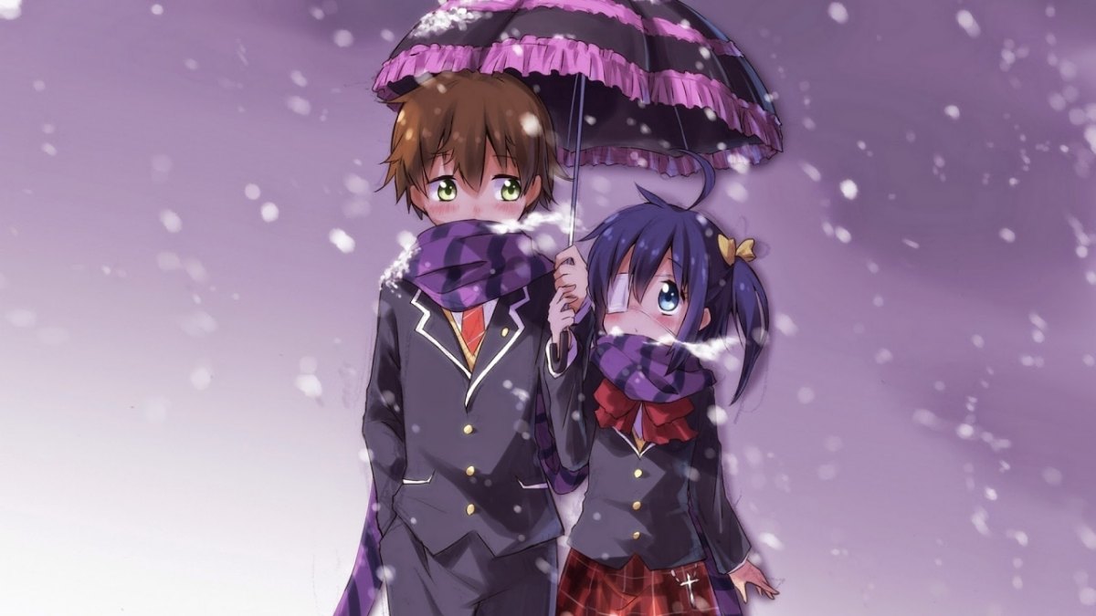Anime đôi bạn trẻ dưới ô trong tuyết, hình nền lãng mạn, HD, 675x1200, phong cảnh mùa đông.