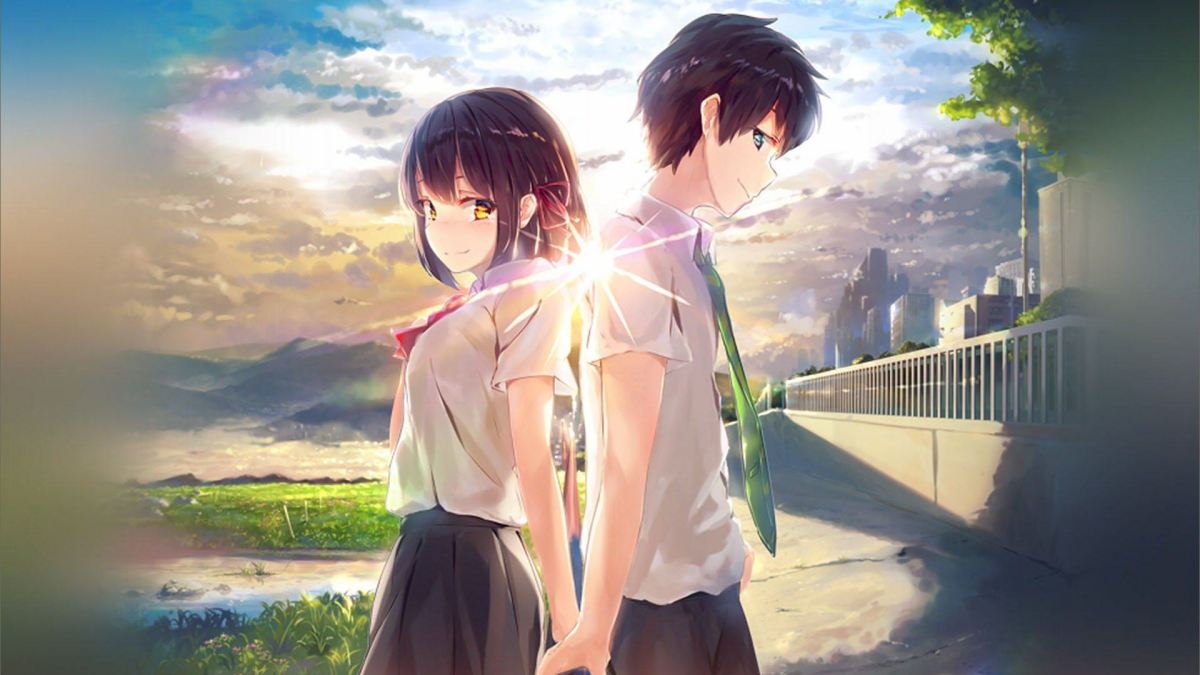 Hình nền anime đôi bạn trẻ dưới hoàng hôn, phong cảnh thành phố, độ phân giải 1080x1920, chất lượng HD.