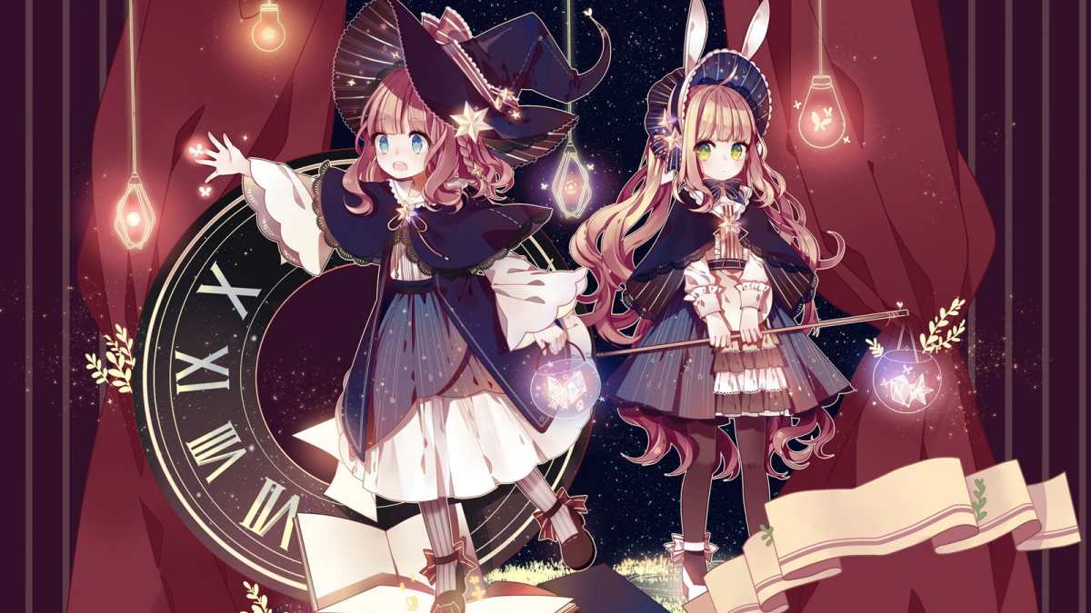 Hai cô gái anime trong trang phục phù thủy, nền đồng hồ cổ, hình nền HD 1080x1920, phong cách phép thuật quyến rũ.