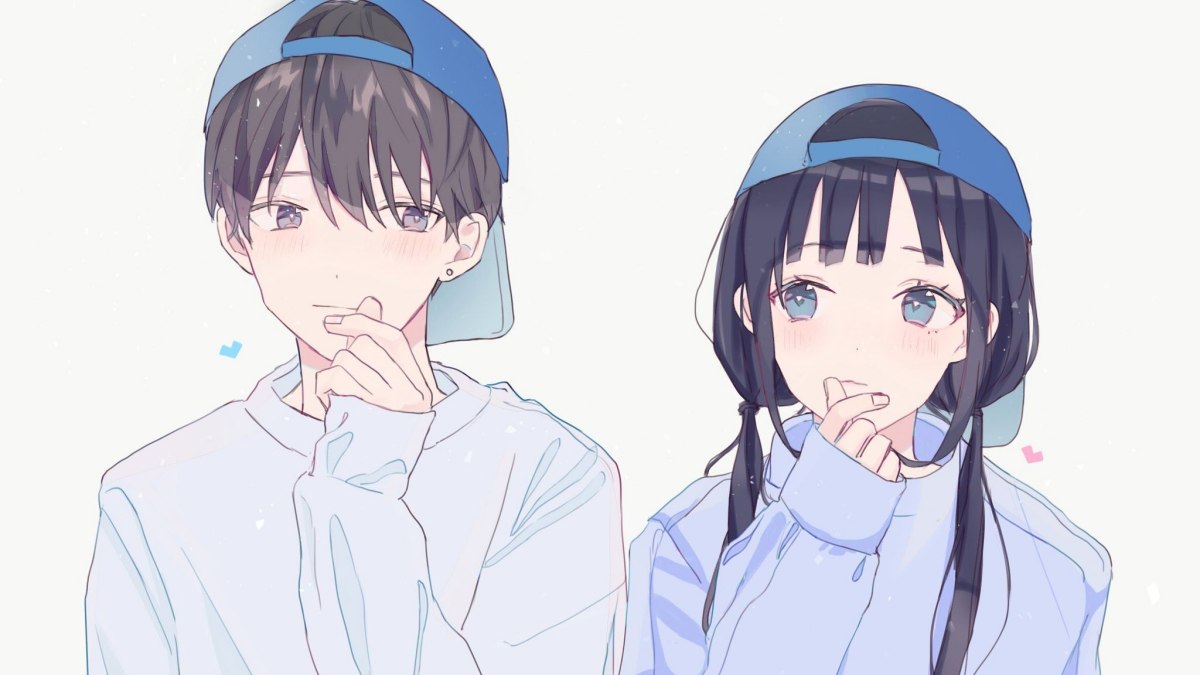 Hình nền anime đôi nam nữ đội mũ xanh, phong cách dễ thương, độ phân giải 1080x1920, chất lượng HD.