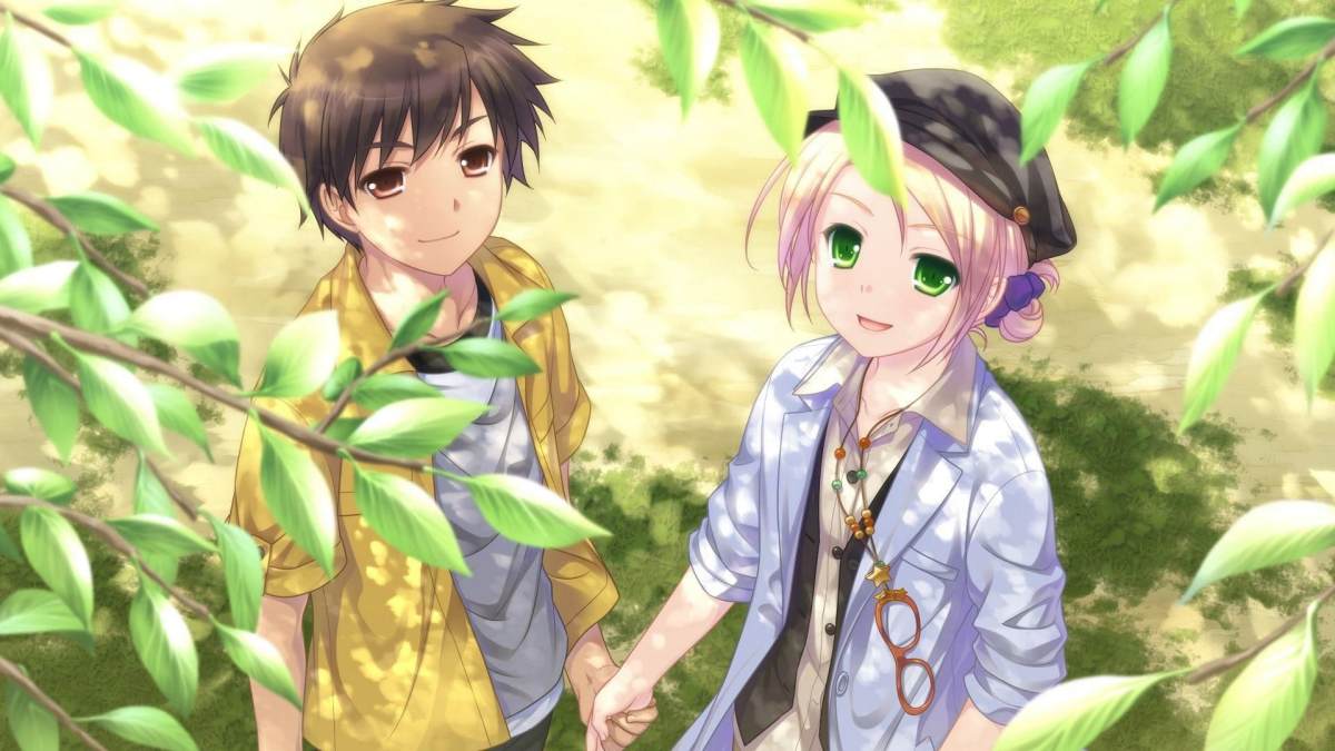 Cặp đôi anime nắm tay dưới tán cây xanh, hình nền 1080x1920 HD, cảnh quan thiên nhiên lãng mạn.