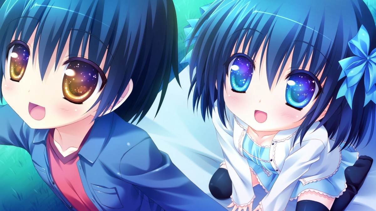 Hình nền anime dễ thương với hai nhân vật có mắt to lấp lánh, độ phân giải 1080x1920, chất lượng HD.