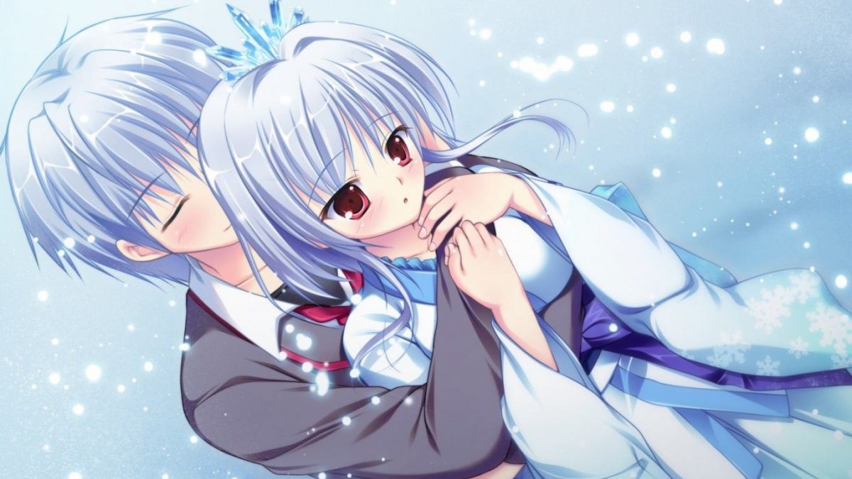 Anime đôi bạn trẻ trong tuyết, hình nền HD 1080x1920, lãng mạn và tinh tế cho điện thoại.