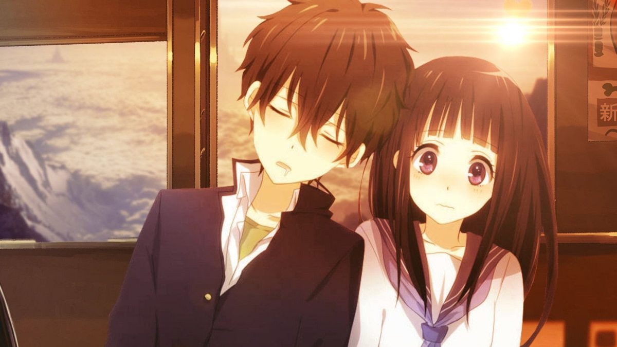 Cặp đôi anime dễ thương ngồi trên xe lửa với phong cảnh núi tuyết, hình nền HD 1080x1920, lãng mạn và thư giãn.