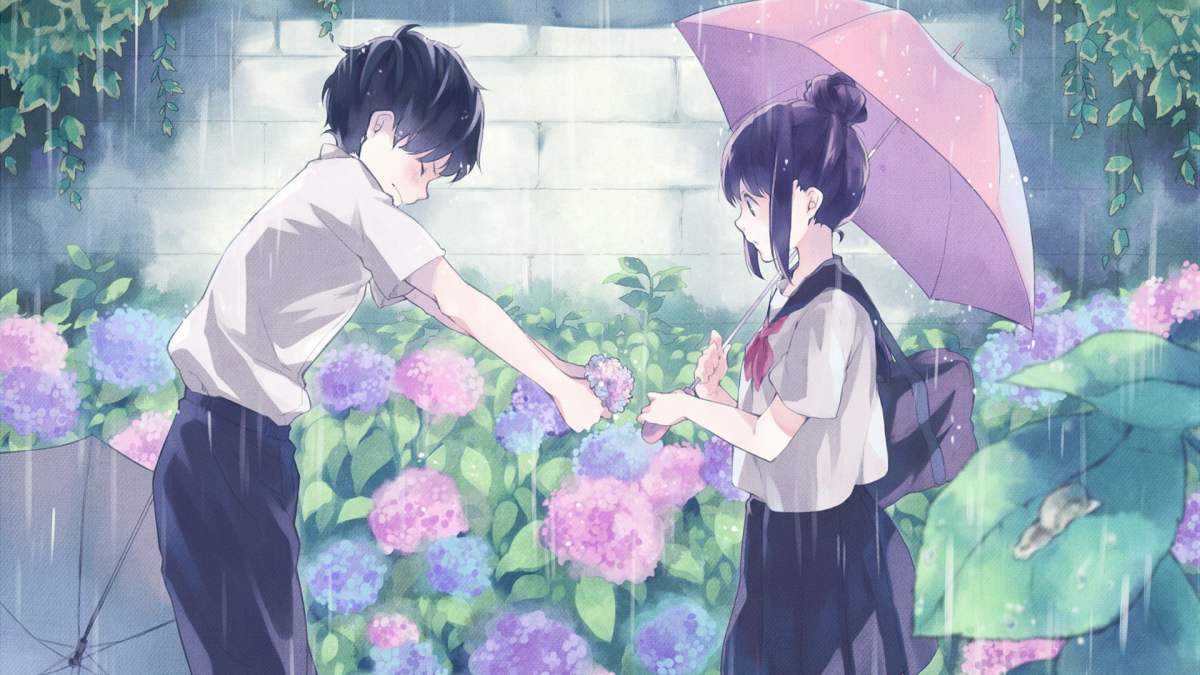 Anime lãng mạn dưới mưa với hoa cẩm tú cầu, độ phân giải 1080x1920, chất lượng HD, hình nền tinh tế.