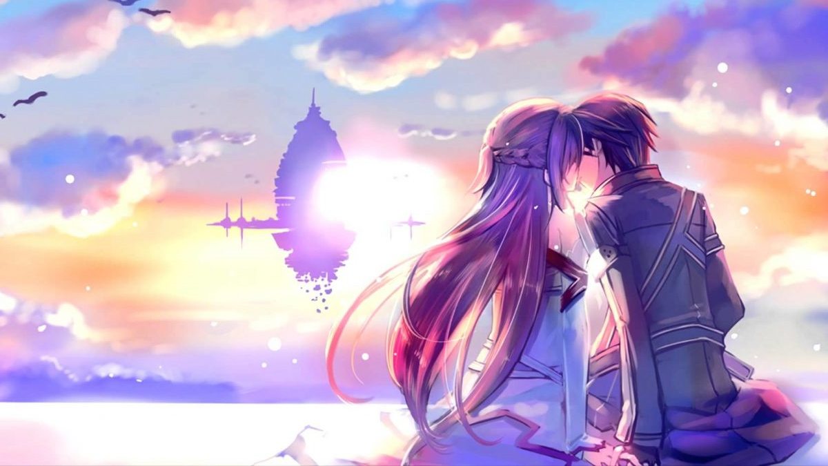 Ảnh nền anime lãng mạn, cặp đôi dưới hoàng hôn, chất lượng HD, độ phân giải 1080x1920, phong cảnh tuyệt đẹp.