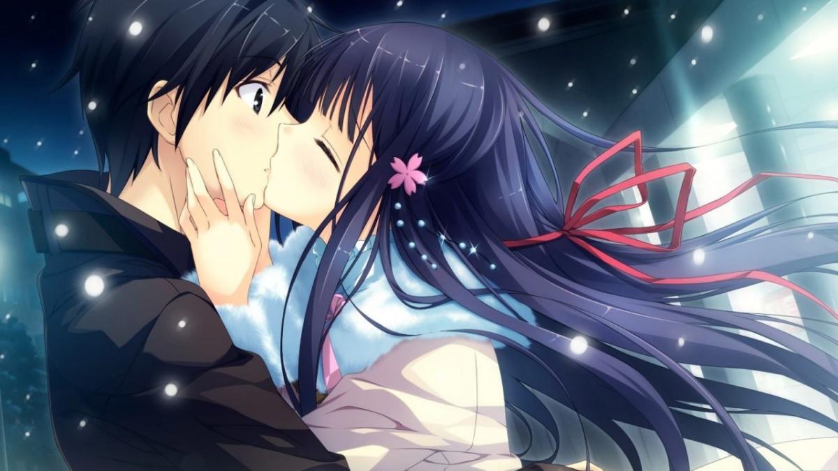 Cặp đôi anime hôn nhau dưới tuyết, hình nền lãng mạn, độ phân giải 1080x1920, chất lượng HD.