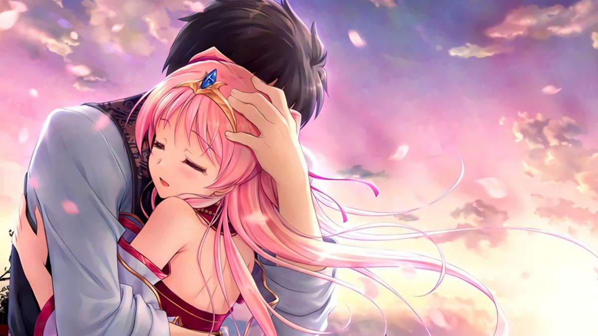 Cặp đôi anime ôm nhau dưới bầu trời hoàng hôn, hình nền tình yêu lãng mạn HD 1080x1920.