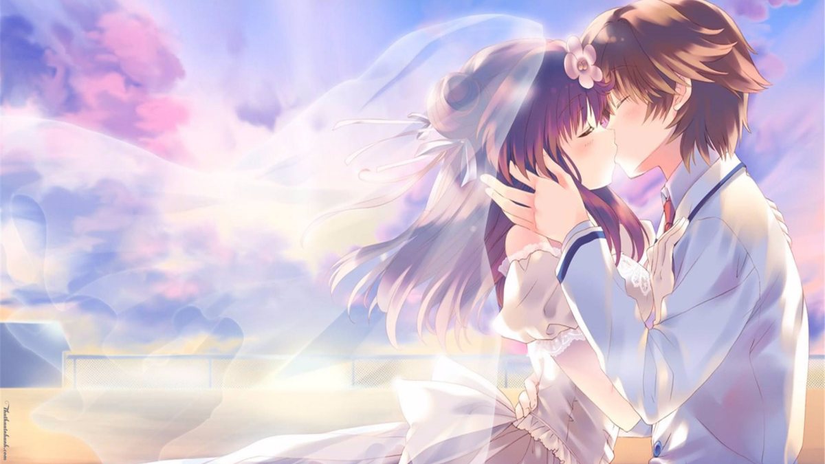 Cặp đôi anime hôn nhau dưới bầu trời hoàng hôn, hình nền HD lãng mạn, độ phân giải 1080x1920.