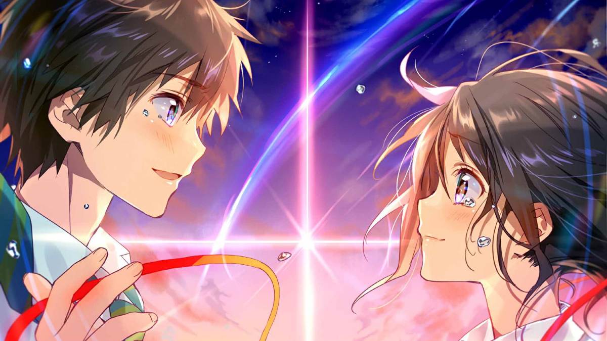 Hình nền anime lãng mạn, hai người trẻ đối diện trong ánh hoàng hôn, 1080x1920, chất lượng HD.