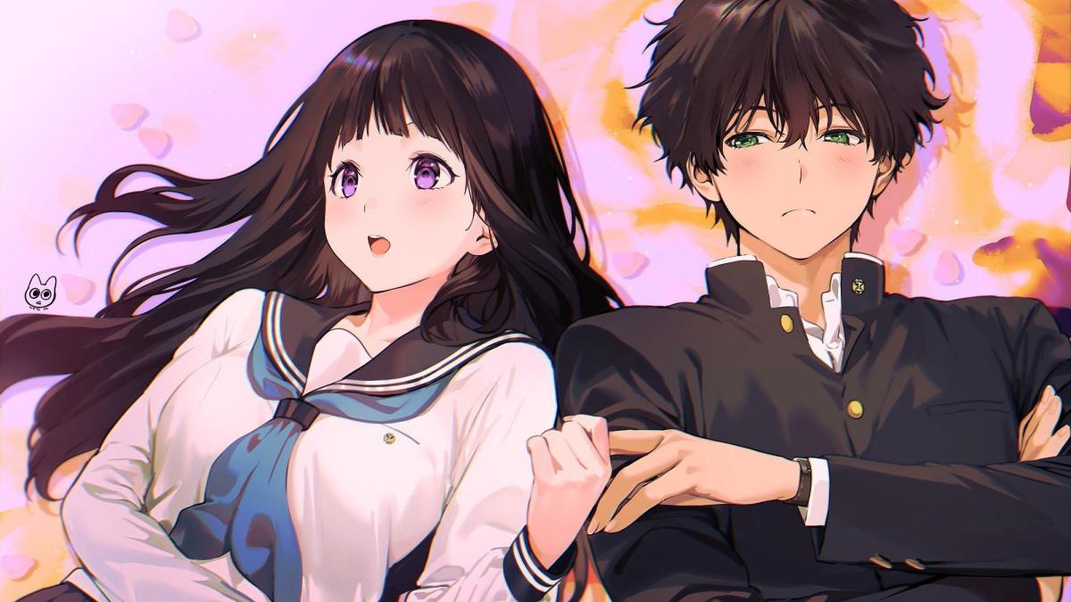 Hình nền anime lãng mạn, đôi bạn trẻ với cánh hoa rơi, độ phân giải 1080x1920, chất lượng HD.