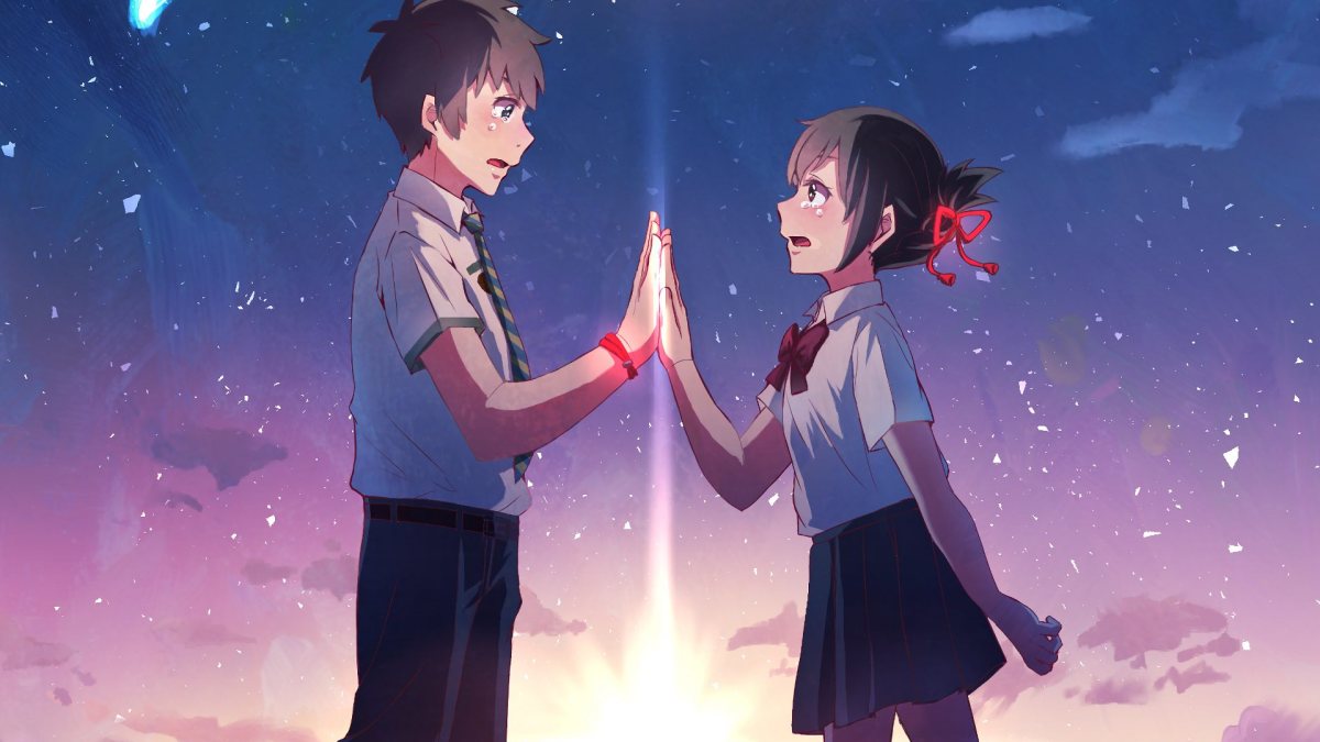 Thiếu niên và thiếu nữ chạm tay dưới bầu trời hoàng hôn đầy sao, hình nền anime HD 675x1200, cảm xúc lãng mạn.