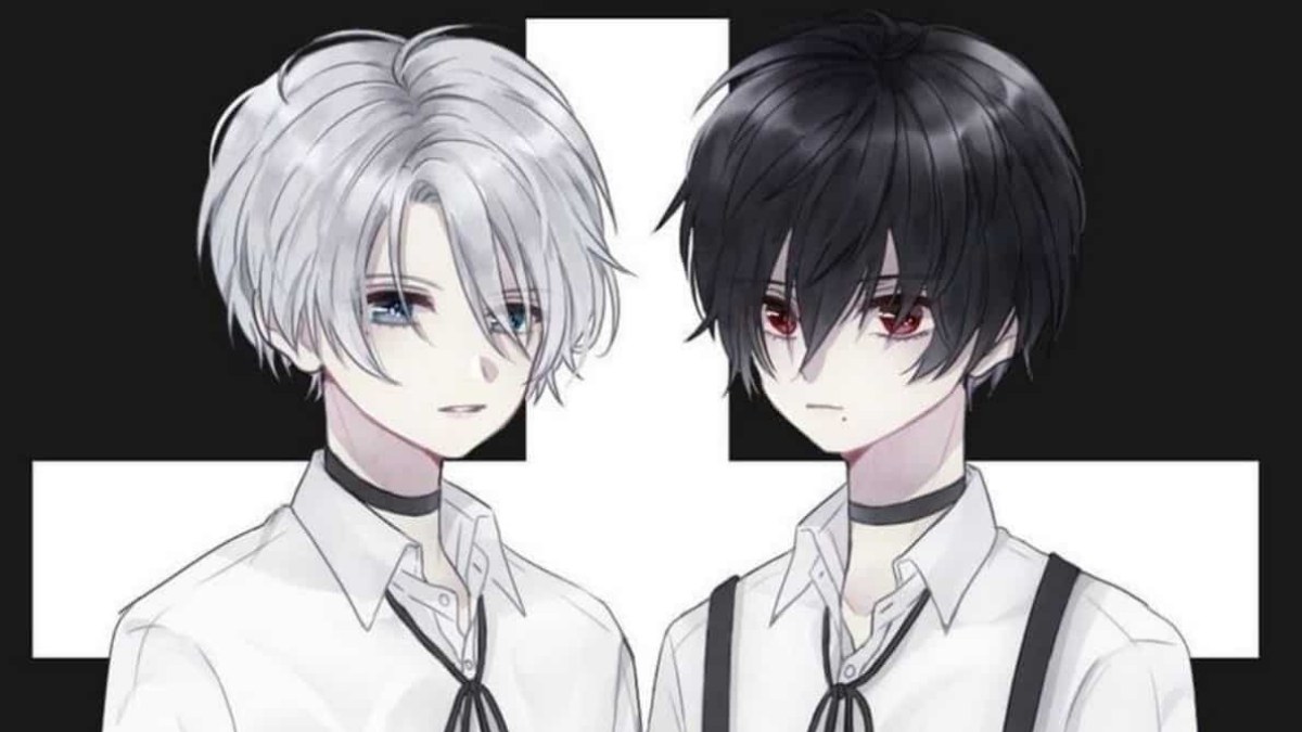 Hình nền anime đôi bạn tóc trắng và đen, phong cách nghệ thuật tối giản, độ phân giải 675x1200, chất lượng HD.