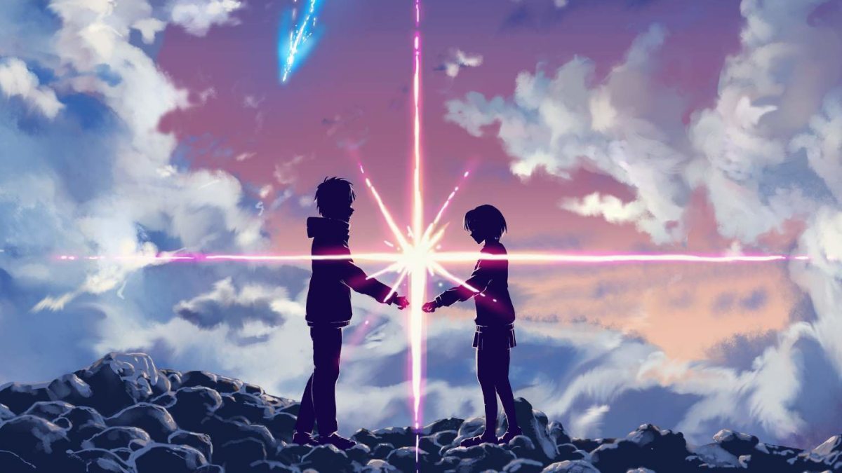 Hình nền anime đẹp với hai nhân vật dưới bầu trời hoàng hôn, 1080x1920, chất lượng HD, lãng mạn và đầy cảm xúc.