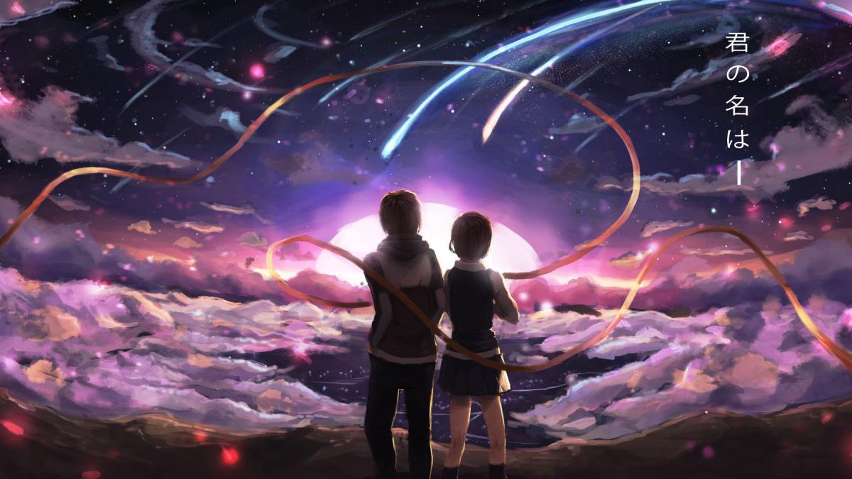 Hình nền anime hoàng hôn rực rỡ với hai nhân vật ngắm sao băng, độ phân giải 1080x1920, chất lượng HD.