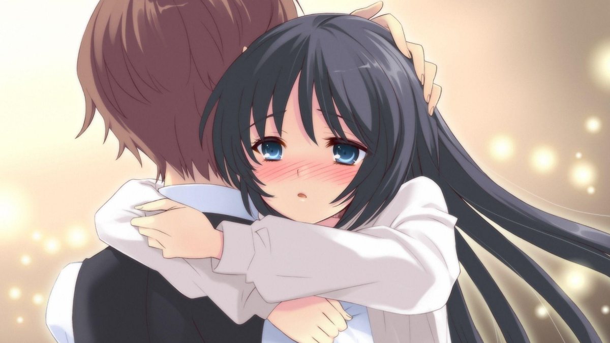 Anime lãng mạn, đôi trẻ ôm nhau với cảm xúc ngại ngùng, hình nền HD 1080x1920, ánh sáng dịu nhẹ, tình yêu tuổi trẻ.