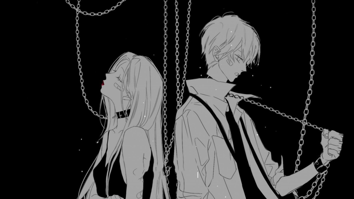 Cặp đôi anime đứng tựa lưng, dây xích, hình nền nghệ thuật 1080x1920 HD, phong cách tối giản, chủ đề bí ẩn.