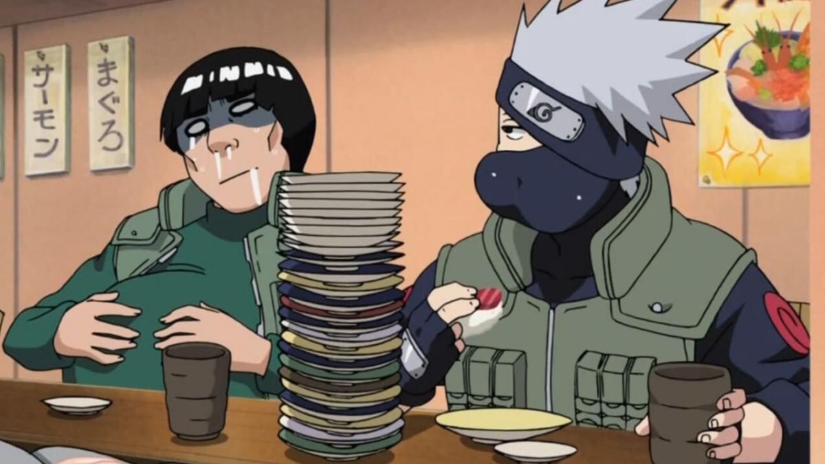Nhân vật hoạt hình dùng bữa tại quán sushi, hình nền anime HD 1080x1920, không khí vui nhộn và thư giãn.