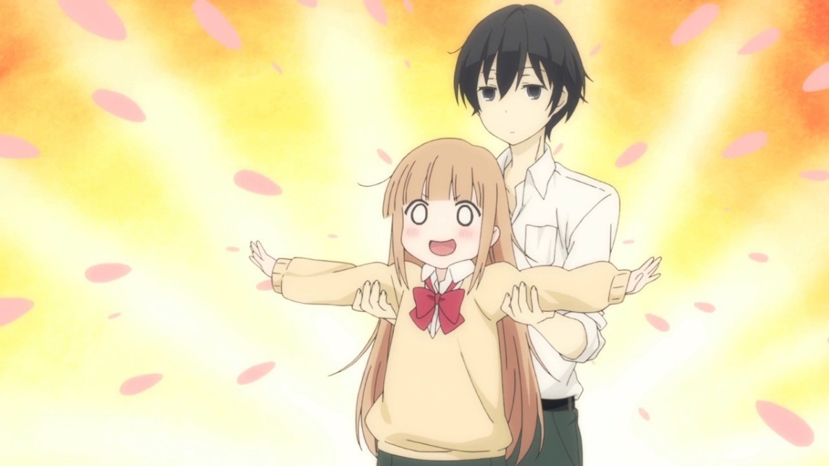 Anime dễ thương với cảnh đôi bạn, nền hoa đào, độ phân giải 1080x1920, chất lượng HD.