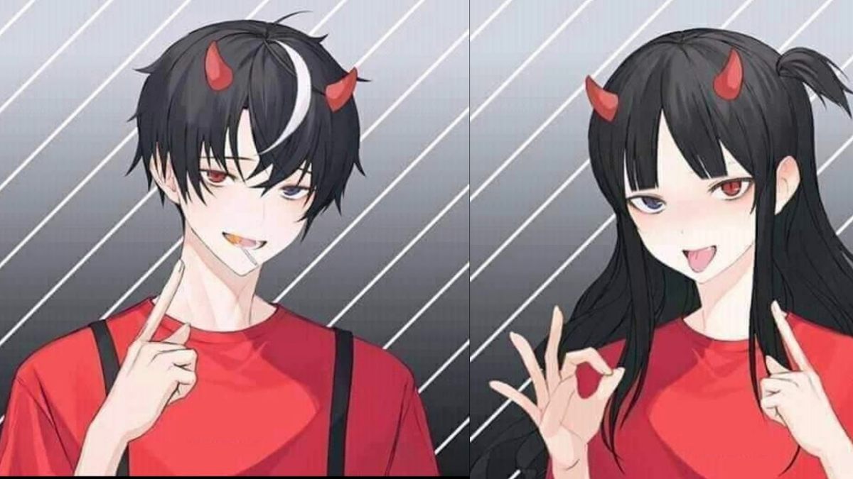 Hình nền anime hai nhân vật sừng nhỏ, áo đỏ, độ phân giải 1080x1920, chất lượng HD, phong cách độc đáo.