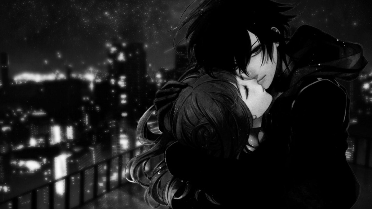 Cặp đôi anime ôm nhau giữa đêm thành phố lung linh, hình nền HD 1080x1920, tình yêu lãng mạn.