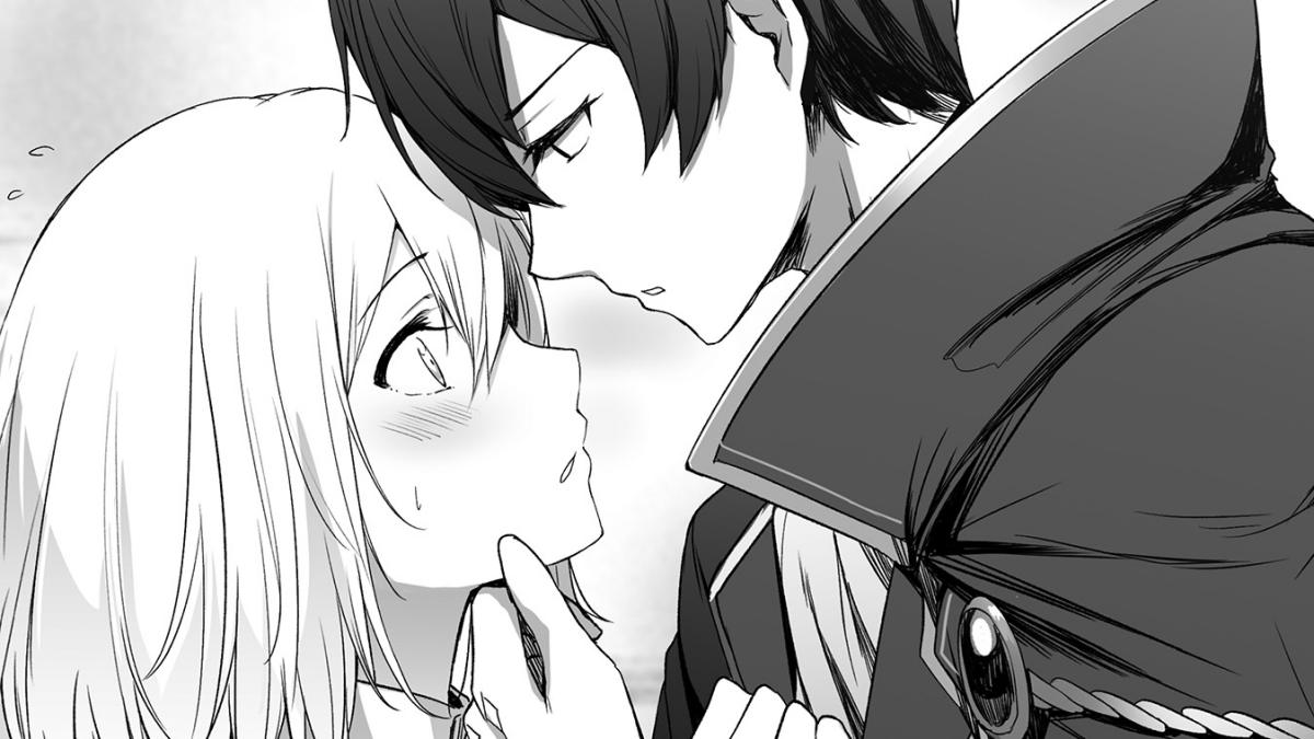 Anime lãng mạn đen trắng, hai nhân vật đối mặt nhau, độ phân giải 1080x1920, chất lượng HD.