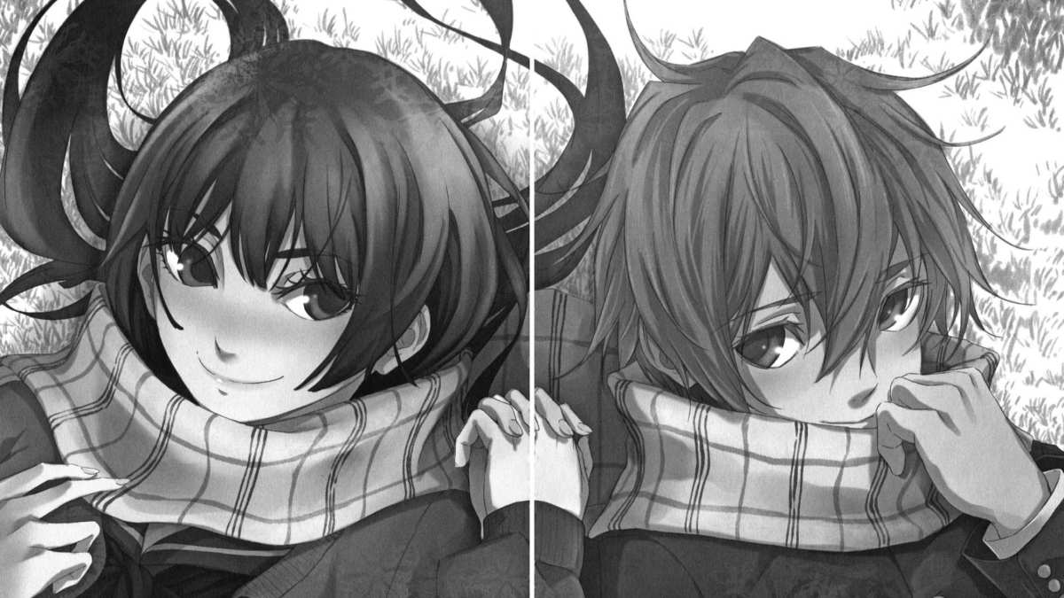 Anime đôi bạn trẻ thư giãn trên cỏ, khăn quàng ấm áp, ảnh HD 1080x1920, phong cách nghệ thuật manga cuốn hút.