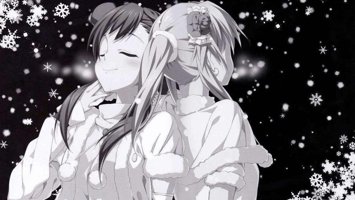 Anime mùa đông với tuyết rơi, hai nhân vật nữ, hình nền HD, 1080x1920, nghệ thuật anime lôi cuốn.
