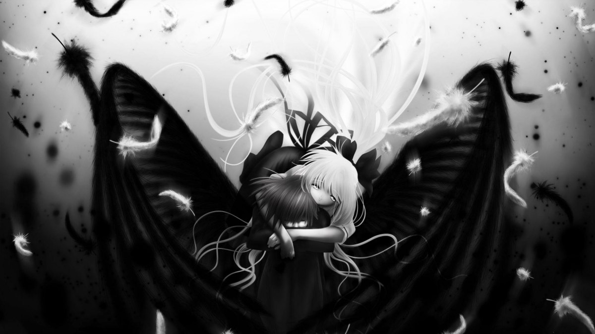 Anime đen trắng huyền bí với đôi cánh thiên thần, lông vũ bay. Hình nền HD 1080x1920 tạo cảm giác lôi cuốn.