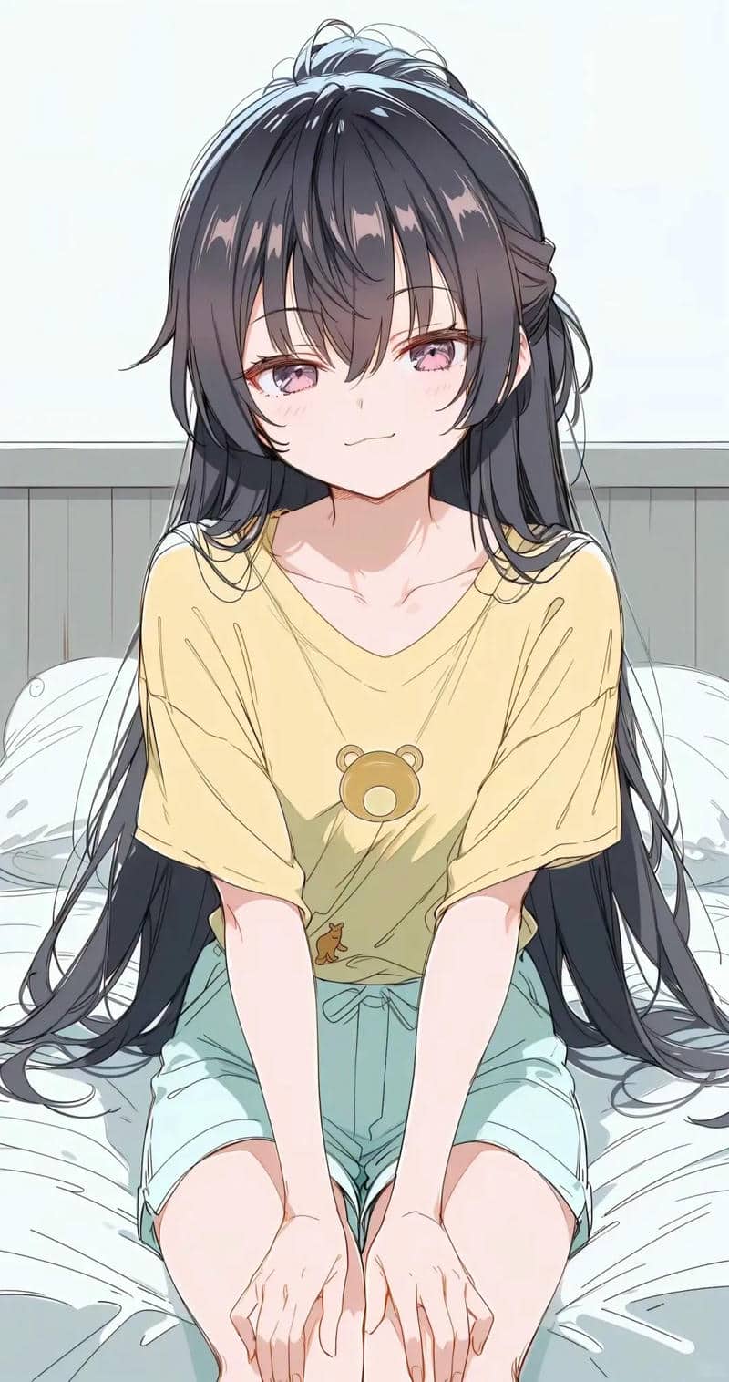 Anime girl với áo vàng dễ thương, tóc dài, ngồi trên giường. Hình nền 1080x1920, chất lượng HD, phong cách anime.
