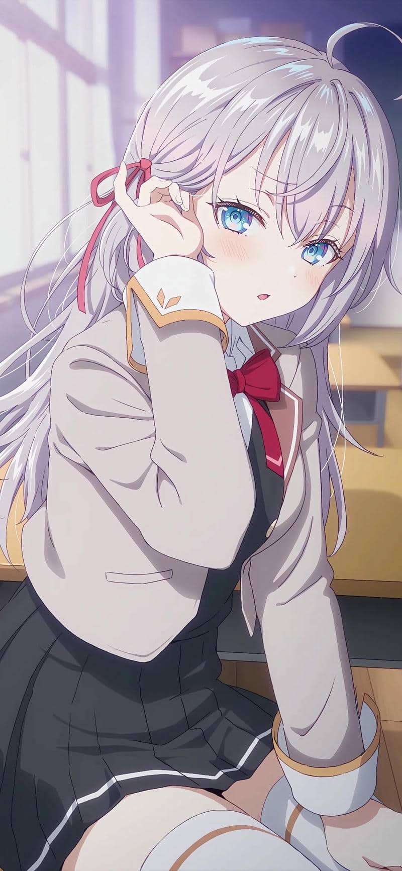 Hình nền anime cô gái tóc trắng trong lớp học, độ phân giải 1080x1920, chất lượng HD, phong cách dễ thương.