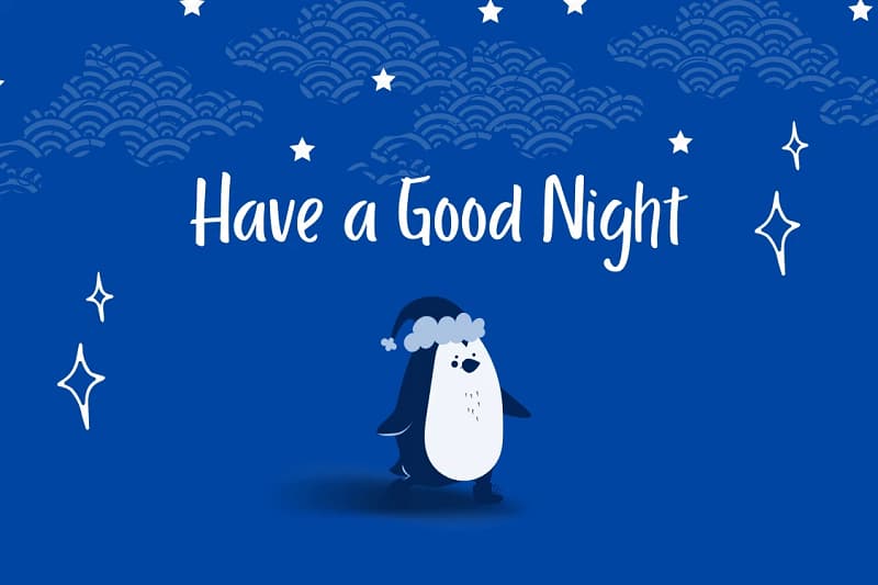 Hình nền đêm yên bình với chim cánh cụt và dòng chữ "Have a Good Night", 1080x1920, chất lượng HD.