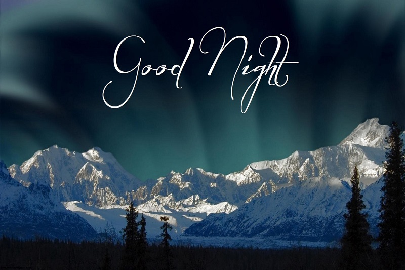 Hình nền núi tuyết đêm với chữ "Good Night", độ phân giải 1080x1920, chất lượng HD, cảnh thiên nhiên yên bình.