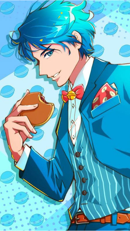 Anime chàng trai tóc xanh cầm burger, nền họa tiết, độ phân giải 1080x1920, hình ảnh HD sống động.
