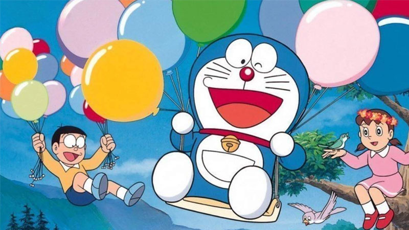 Hình nền Doraemon vui nhộn với bóng bay, độ phân giải 1080x1920, chất lượng HD, phong cảnh thiên nhiên.