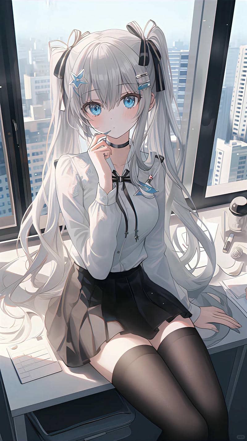 Anime cô gái ngồi bên cửa sổ thành phố, hình nền 1369x768 HD, phong cách dễ thương, mắt xanh nổi bật.