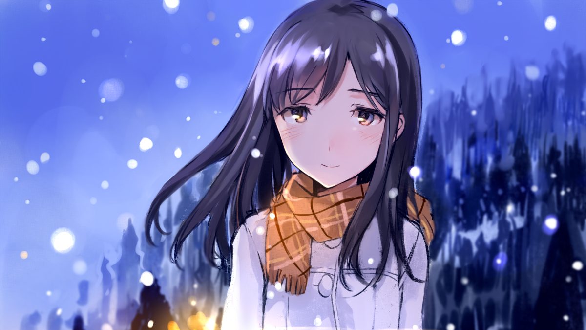 Anime girl in winter scene with snowflakes, wearing a scarf, HD quality, 1080x1920 resolution, cozy atmosphere.
