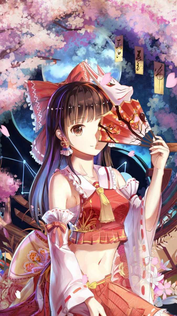 Hình nền anime cô gái cầm quạt dưới hoa anh đào, 1080x1920, chất lượng HD, phong cách Nhật Bản, nghệ thuật sống động.