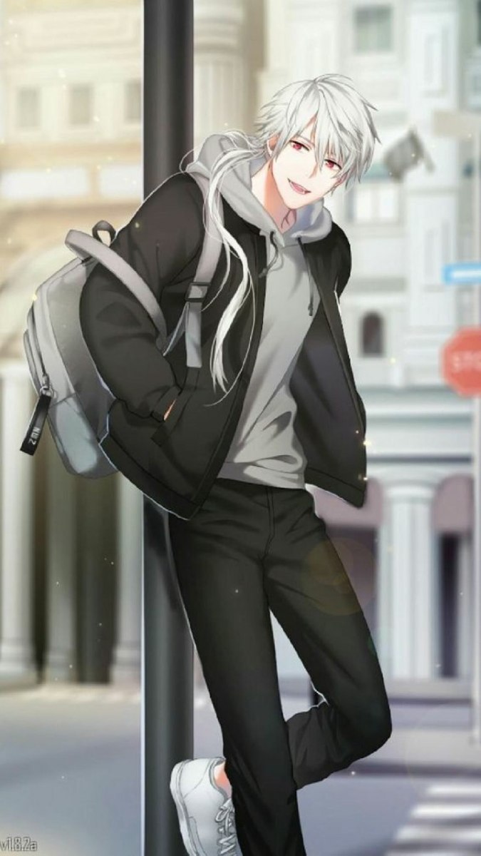 Hình nền anime nhân vật tóc trắng, áo đen, ngoài trời. Độ phân giải 1080x1920, hình ảnh HD, phong cách thời trang.