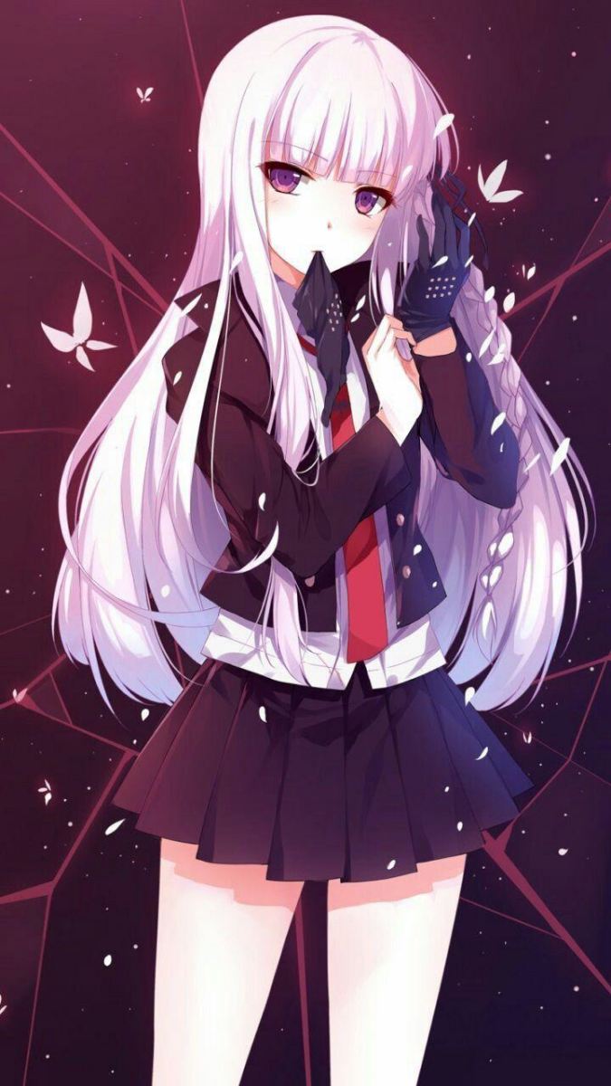 Anime girl với tóc dài màu tím, nền bướm trắng, độ phân giải 1080x1920, hình nền HD đầy nghệ thuật.